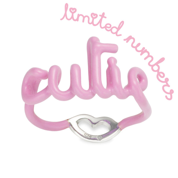 Cutie pink Enamel and silver written word ring by Hotlips by Solange