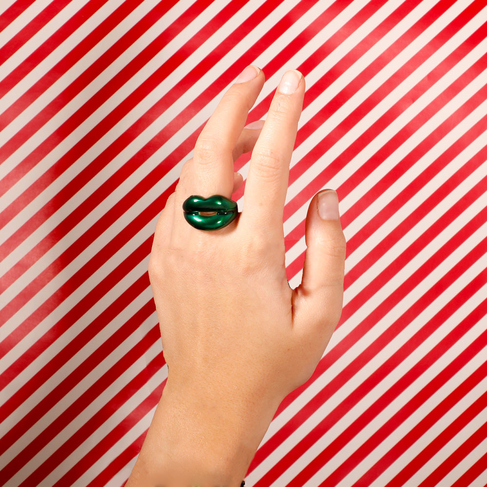 Deep Green Hotlips ring by British designer Solange Azagury-Partridge front view on model