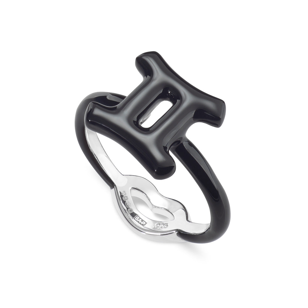 Gemini Zodiac Hotglyph Ring black enamel and silver by Solange Azagury-Partridge angled view