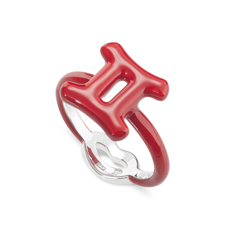 Gemini Zodiac Hotglyph Ring Classic Red enamel and silver by Solange Azagury-Partridge angled  view