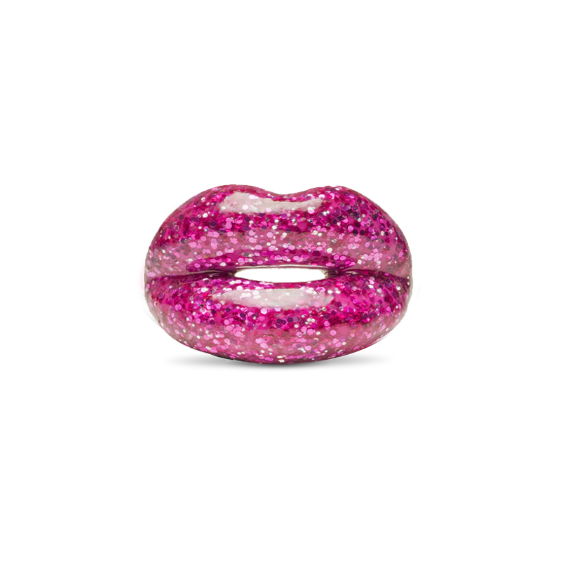 Glitter Pink silver and enamel Hotlips ring front view