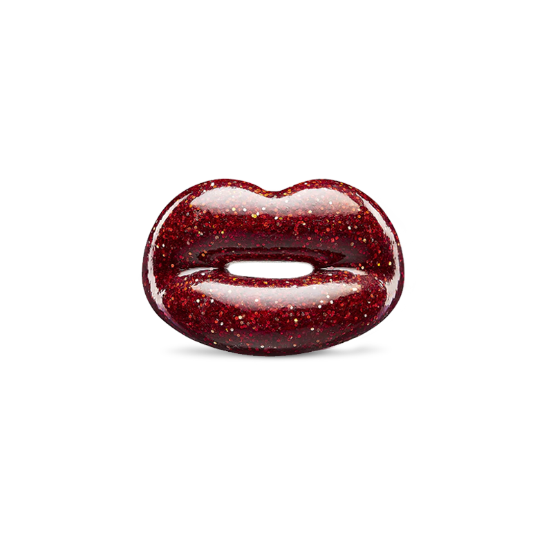 Glitter Red silver and enamel Hotlips ring front view