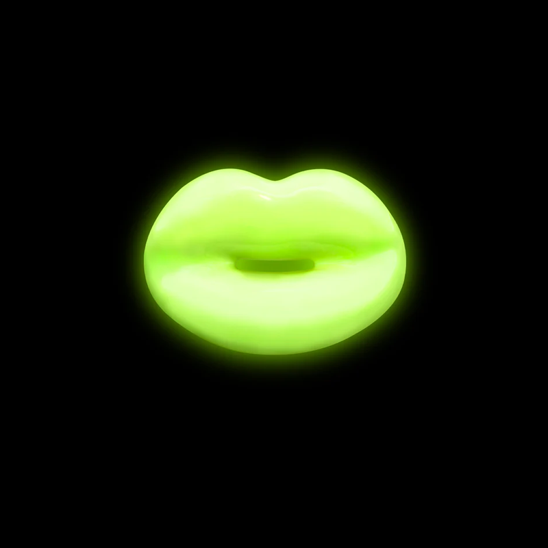 Glow in the Dark silver and enamel hotlips ring night front view