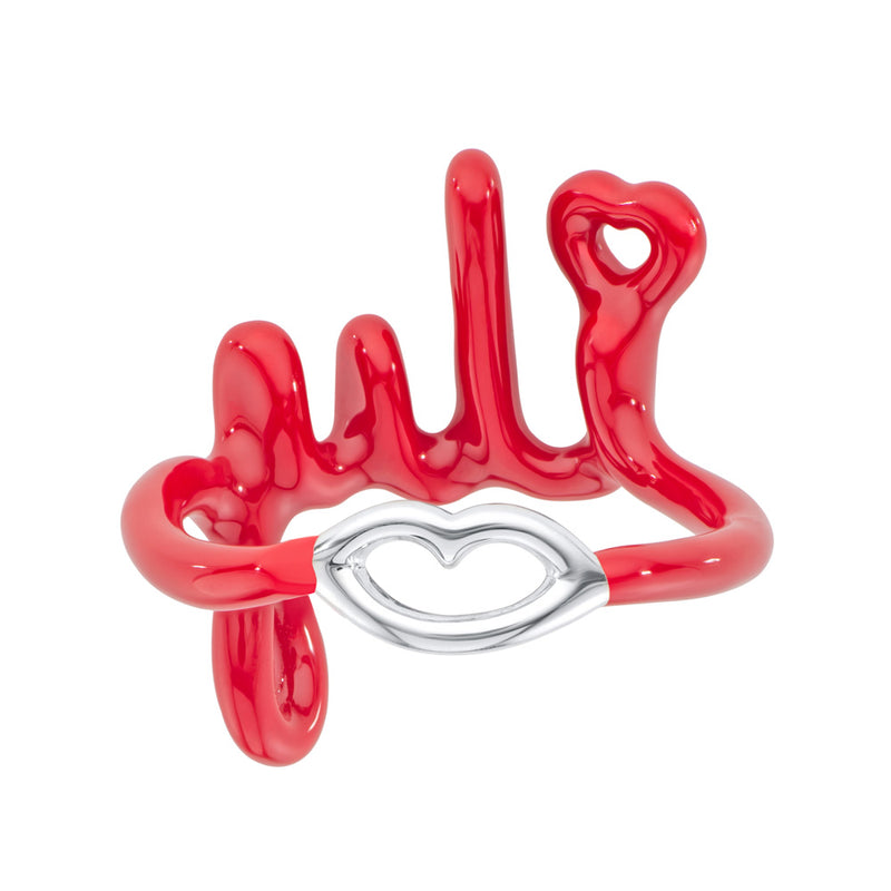 I Love You ILY written word ring in script made from red enamel on sterling silver by Hotlips by Solange back view