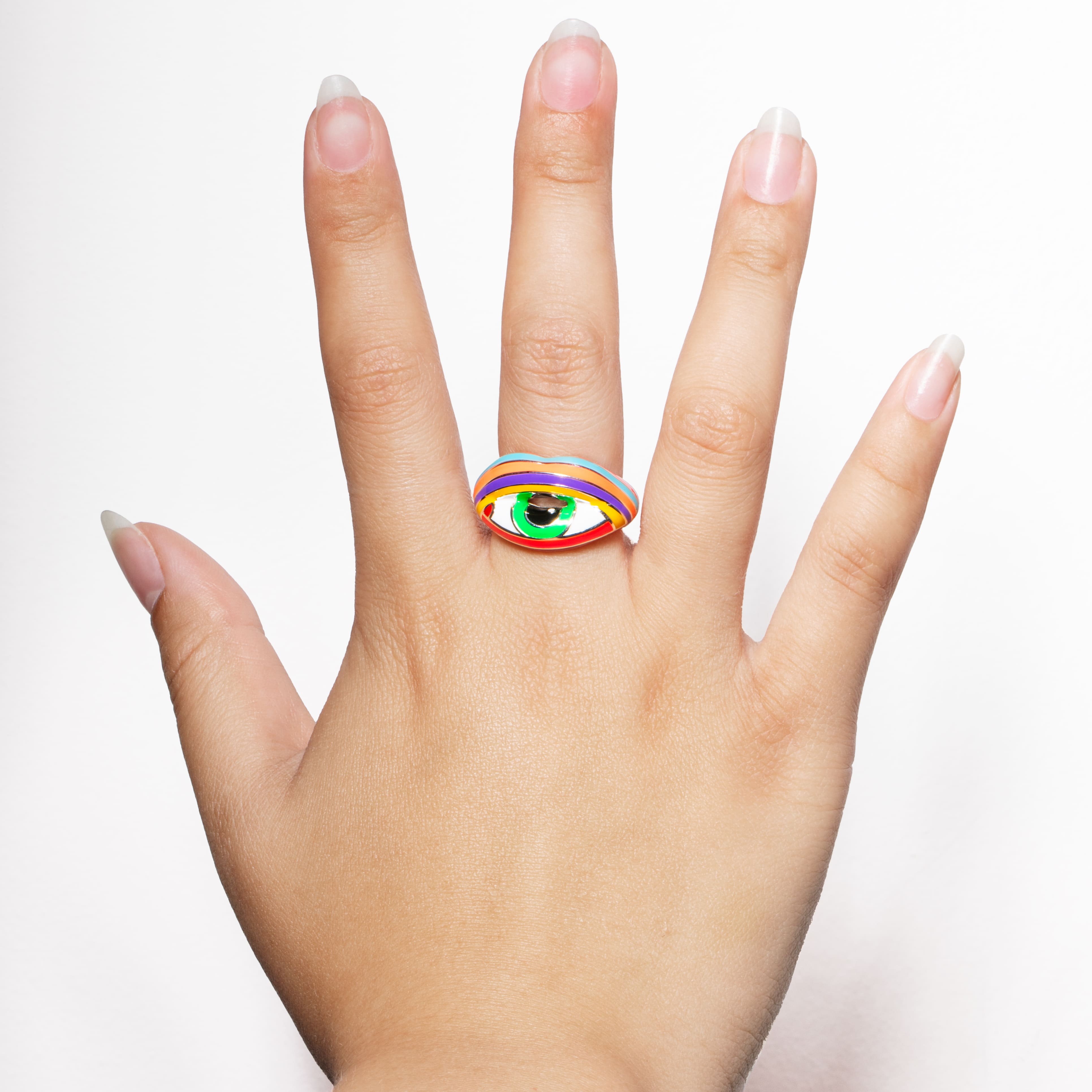 Trompe L'oeil Green Eye Hotlips Ring by Solange front view on model hand