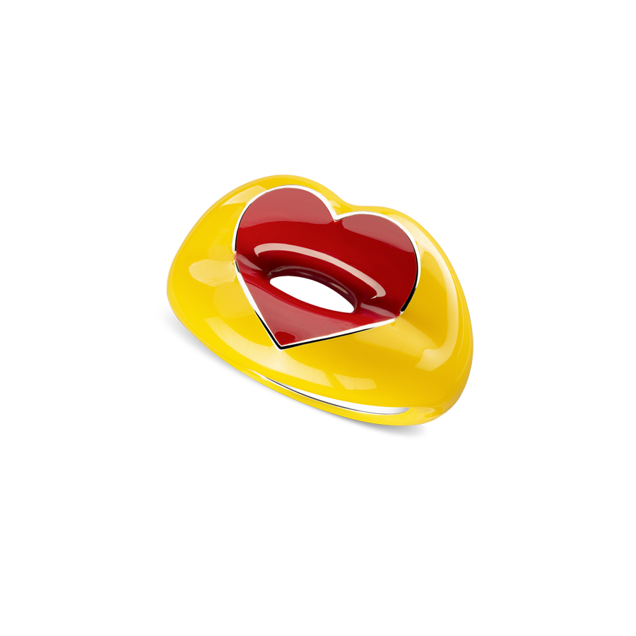 Banana Yellow and Classic Red Enamel Love Heart Shaped Hotlips Lip Ring in sterling silver by Solange Azagury-Partridge angled view