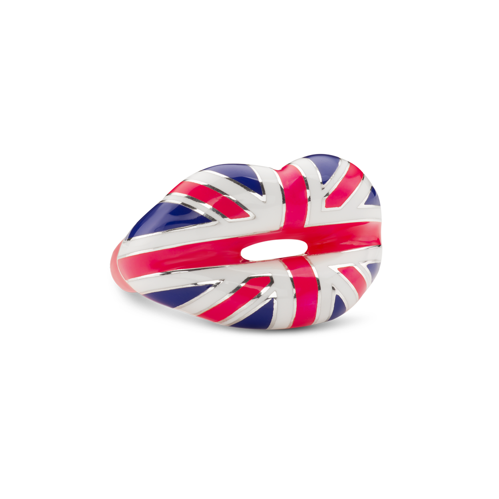 Hotlips By Solange Neon Union Jack Hotlips Lip shaped silver and Enamel ring front view by Solange Azagury-Partridge side view