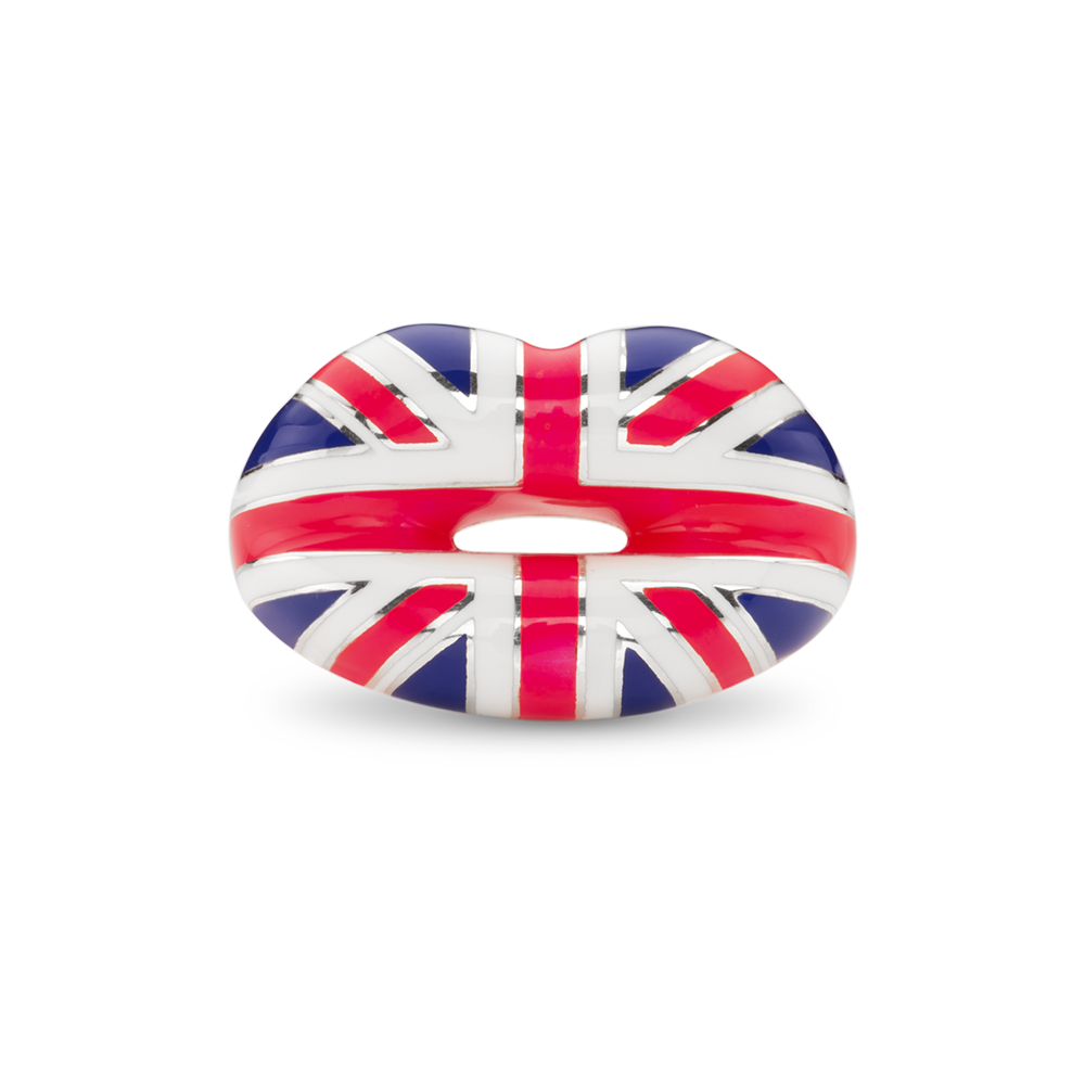 Hotlips By Solange Neon Union Jack Hotlips Lip shaped silver and Enamel ring front view by Solange Azagury-Partridge