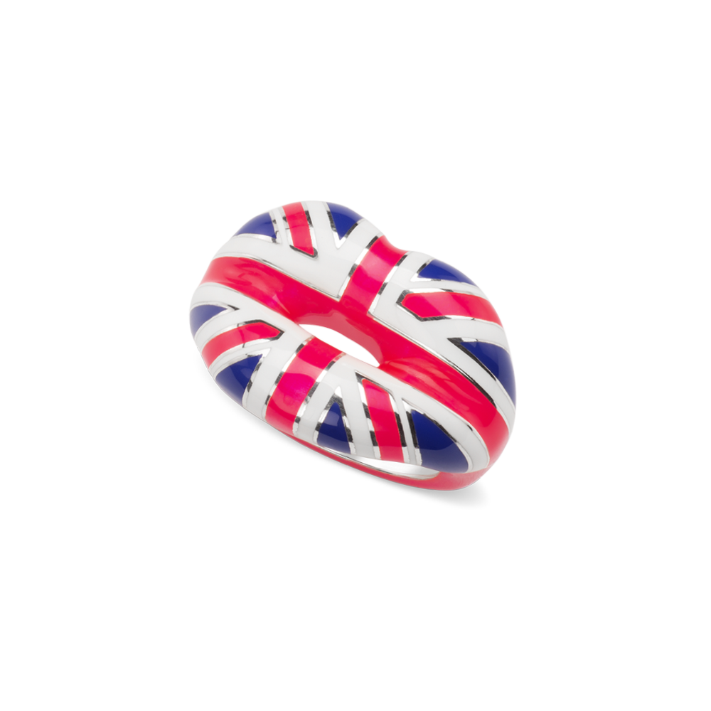 Hotlips By Solange Neon Union Jack Hotlips Lip shaped silver and Enamel ring front view by Solange Azagury-Partridge front tall view