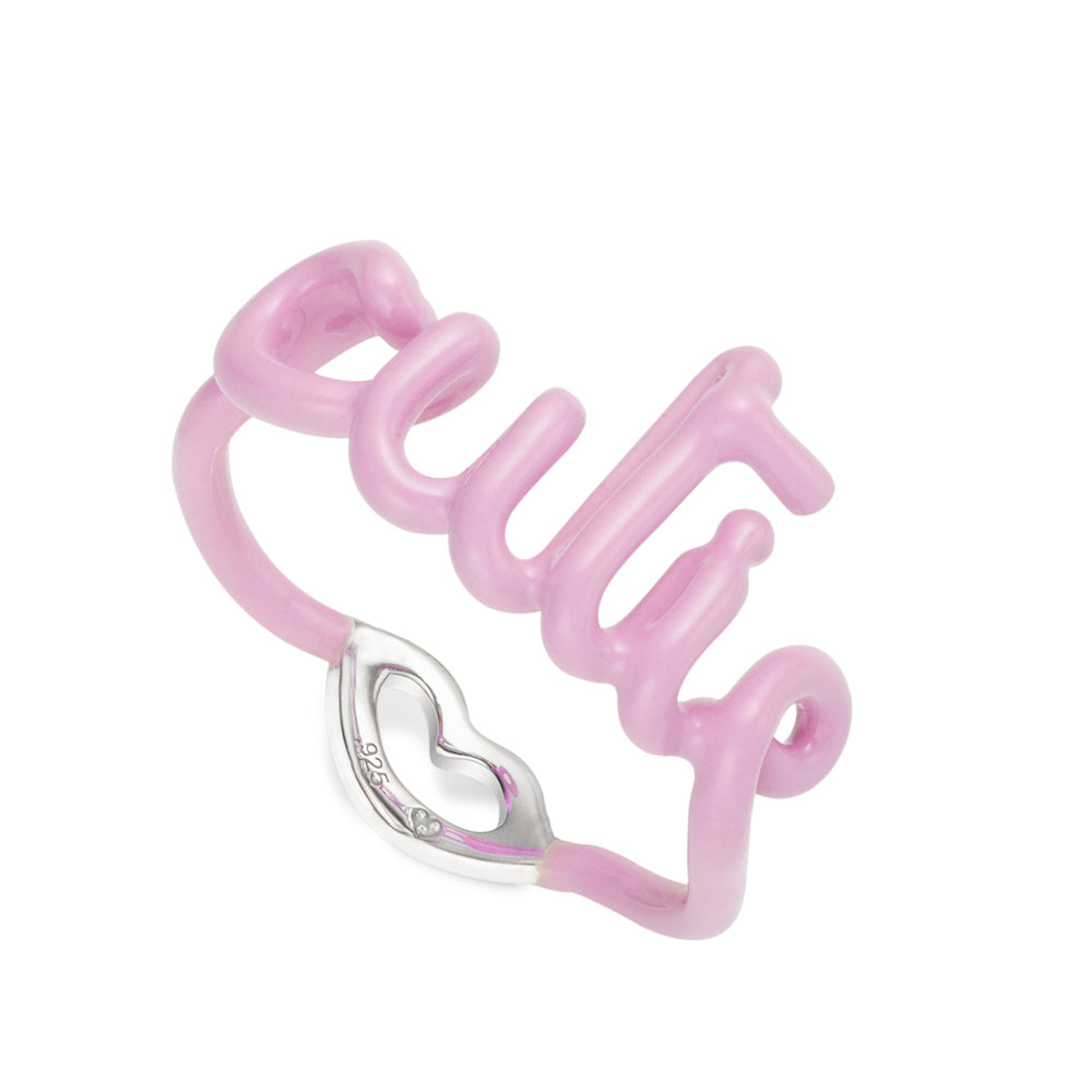 Cutie word Hotscript silver and pink enamel ring by Hotlips by Solange Angled View