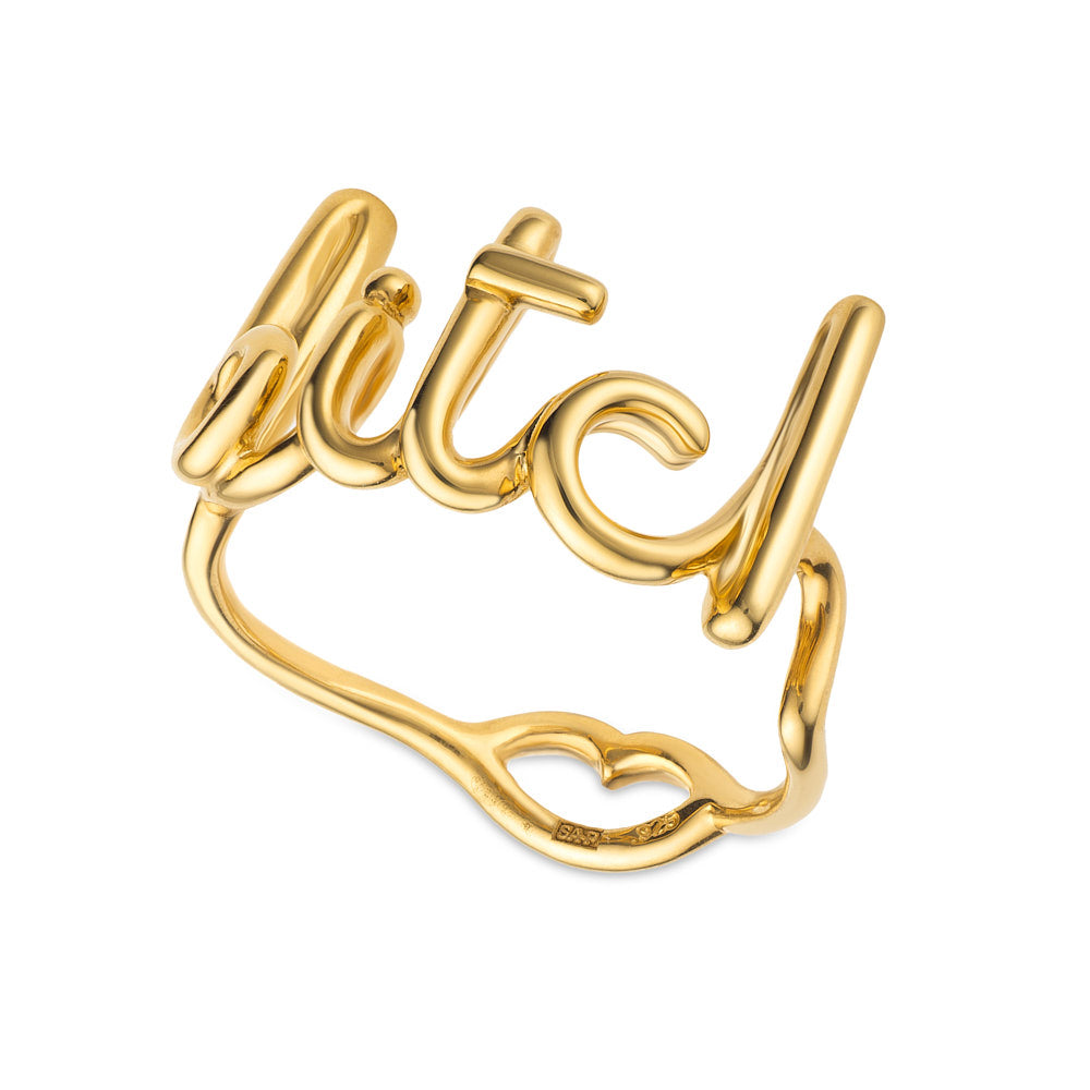 Bitch Hotscripts word wire ring by Hotlips by Solange in gold plated silver angled view