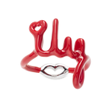 I Love You ILY written word ring in script made from red enamel on sterling silver by Hotlips by Solange front view