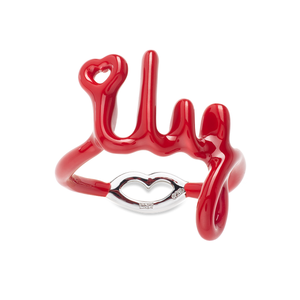 I Love You ILY written word ring in script made from red enamel on sterling silver by Hotlips by Solange front view