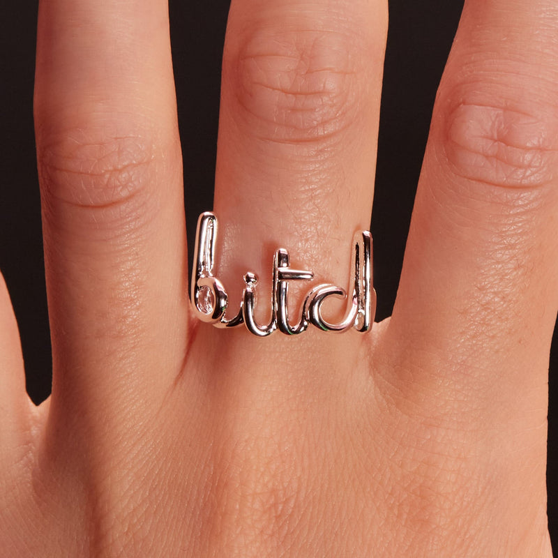Bitch silver Hotscripts ring front view on model