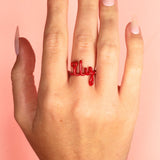 I Love You ILY written word ring in script made from red enamel on sterling silver by Hotlips by Solange on hand