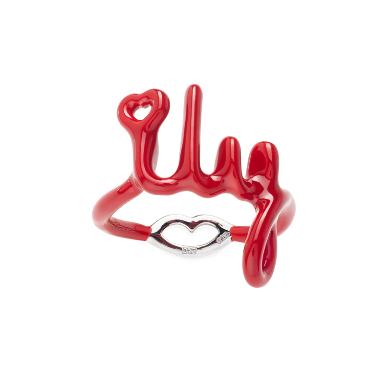 I Love You ILY written word ring in script made from red enamel on sterling silver by Hotlips by Solange front view