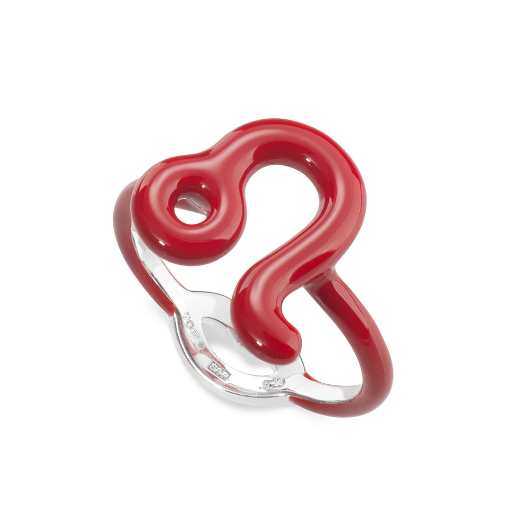 Leo Zodiac Hotglyph Ring Classic Red enamel and silver by Solange Azagury-Partridge angled view