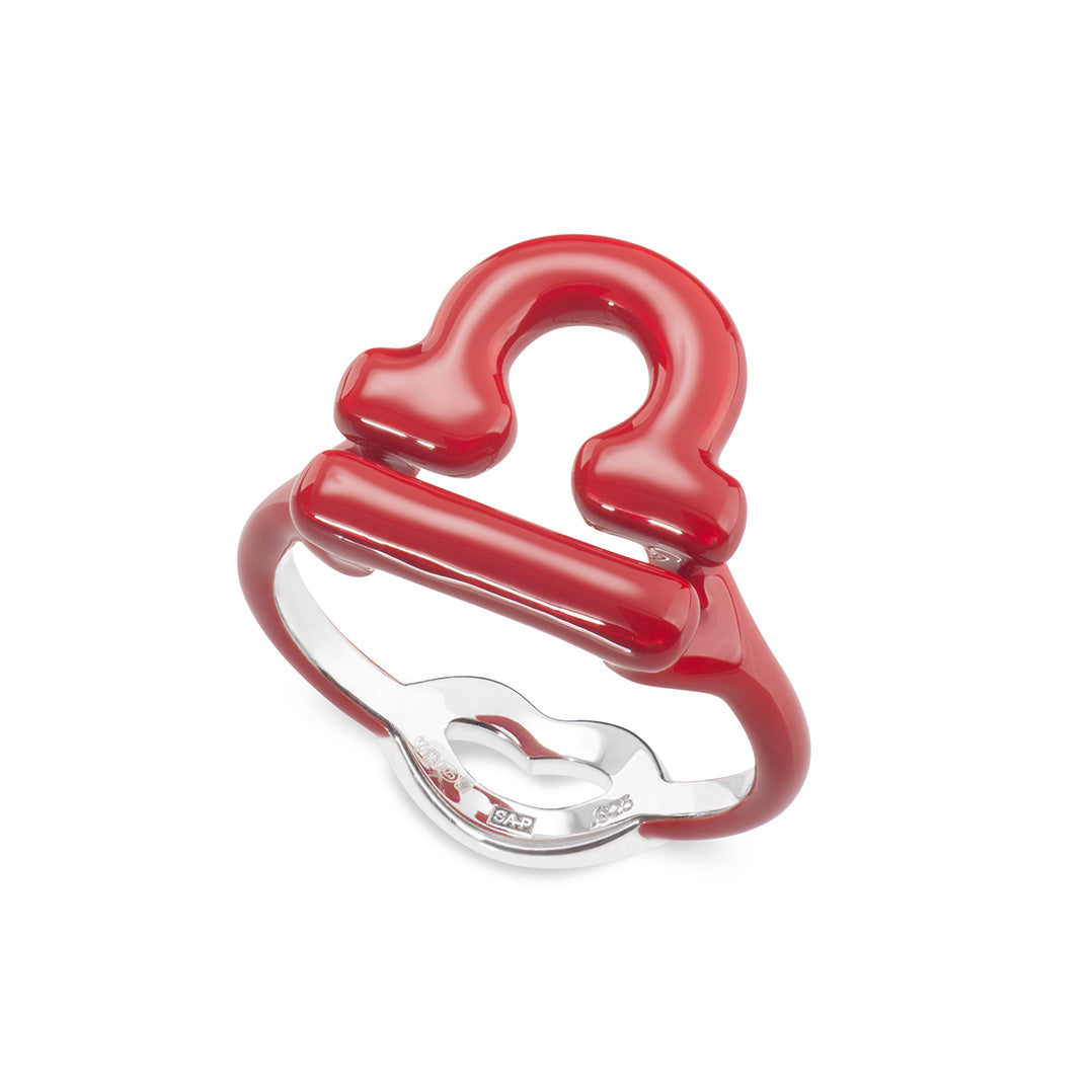 Libra Zodiac Hotglyph Ring Classic Red enamel and silver by Solange Azagury-Partridge angled view