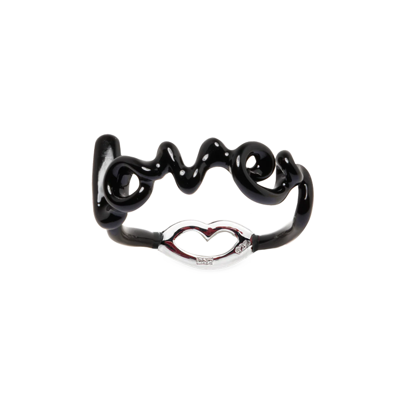 Lover Hotscripts silver and black enamel ring front view