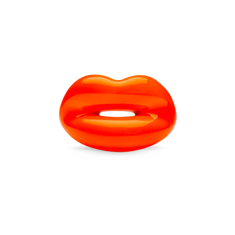 Neon Orange silver and enamel Hotlips ring front view