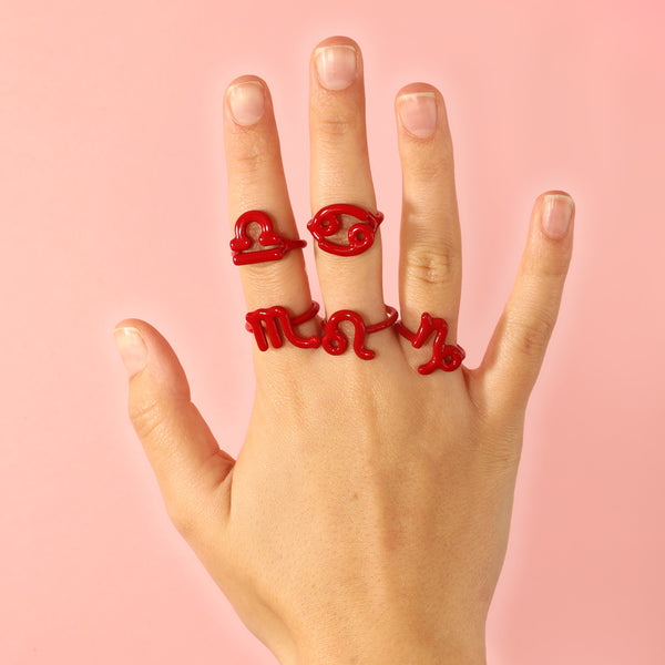 Cancer Zodiac Hotglyph Ring Classic Red enamel and silver by Solange Azagury-Partridge front view models hot