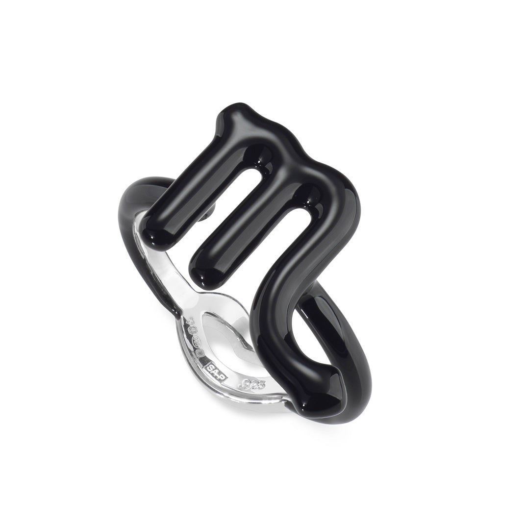 Scorpio Zodiac Hotglyph Ring black enamel and silver by Solange Azagury-Partridge angled view