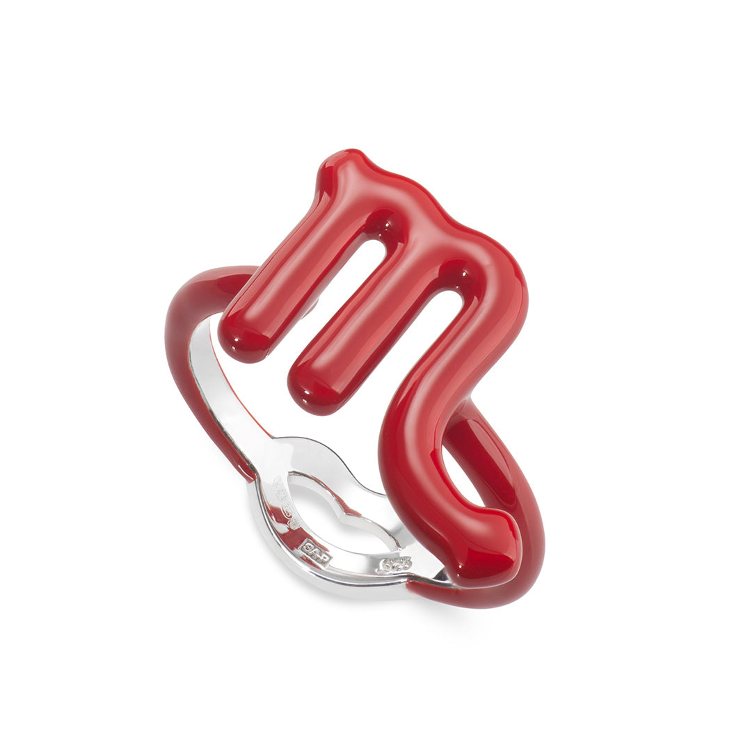 Scorpio Zodiac Hotglyph Ring Classic Red enamel and silver by Solange Azagury-Partridge angled view