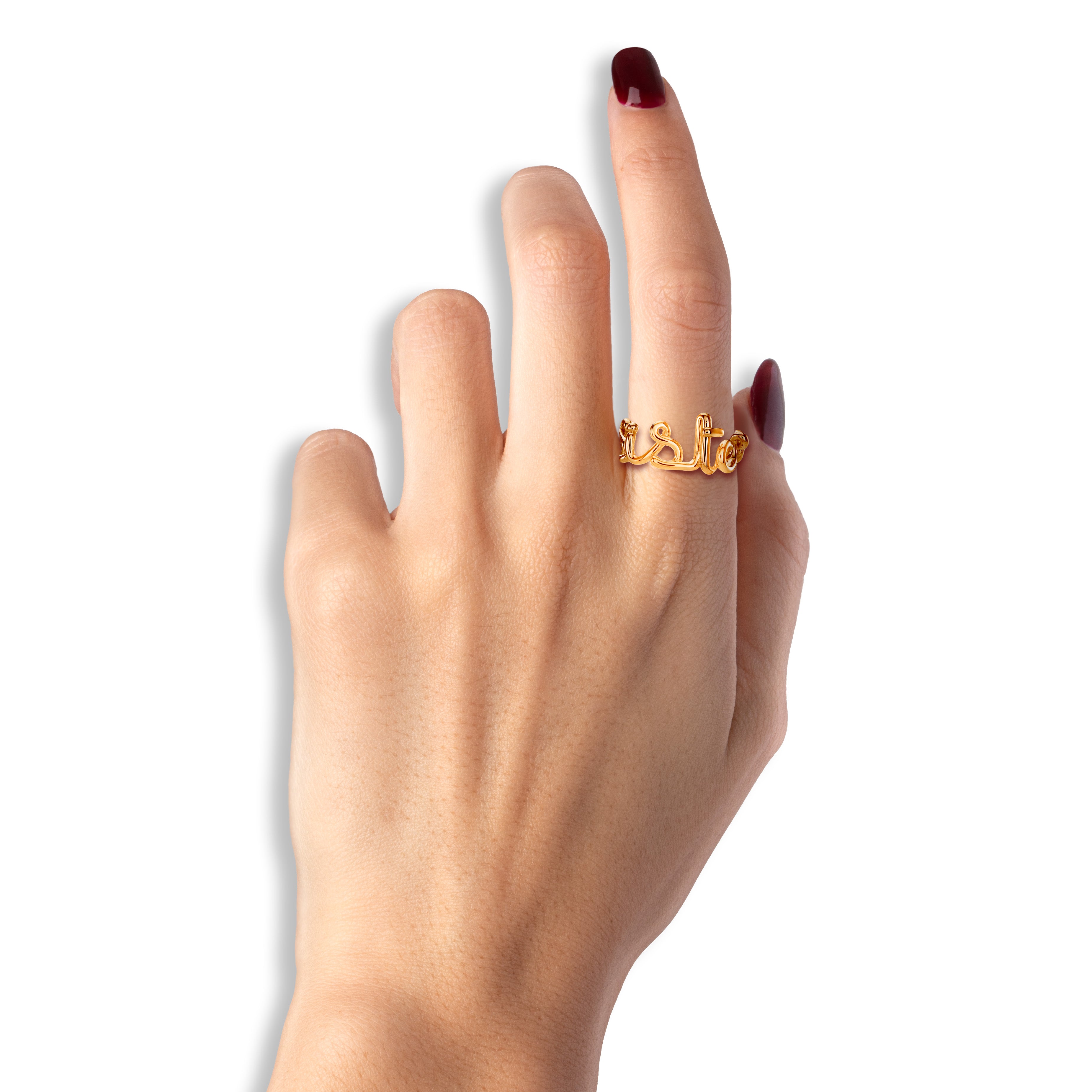 Sister Hotscripts word wire ring by Hotlips by Solange in gold plated silver on model