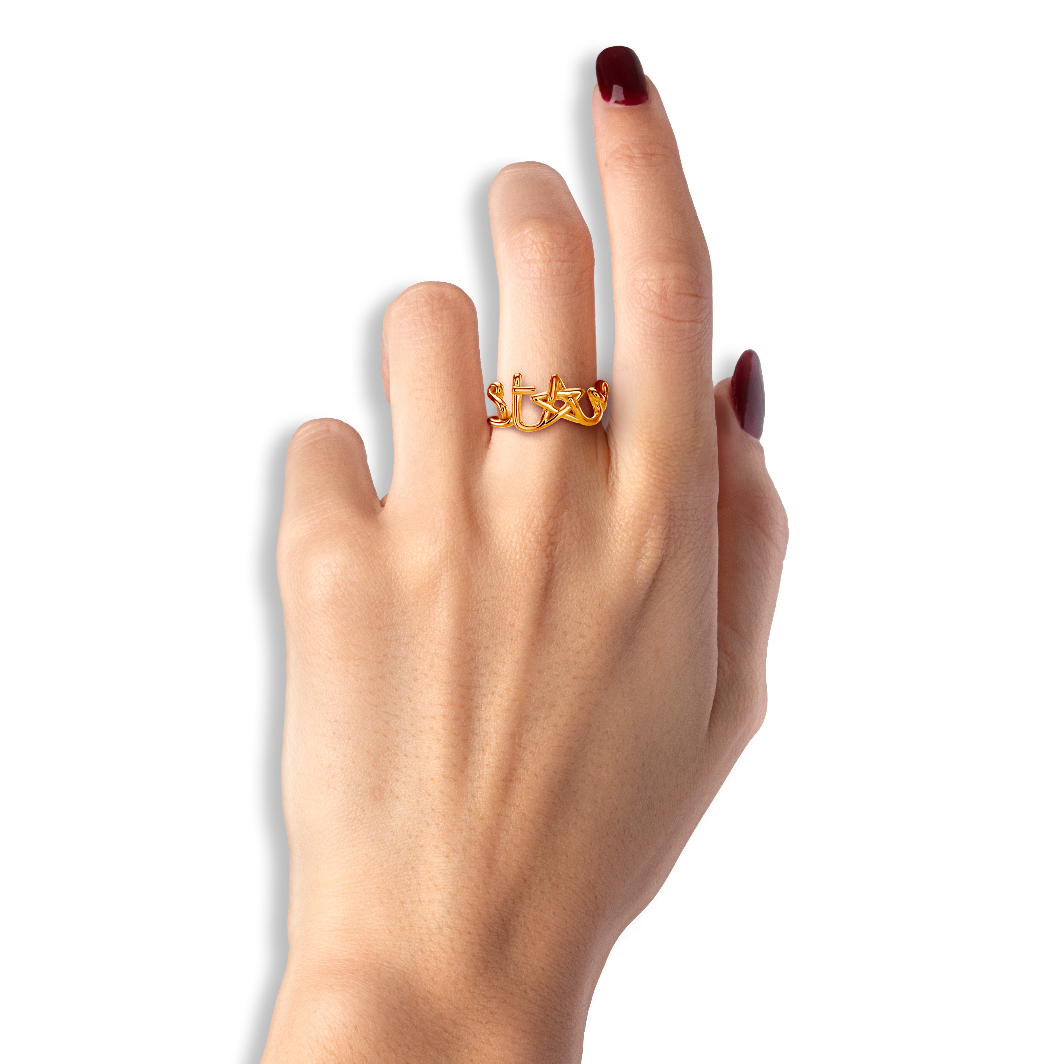 Star Hotscripts word wire ring by Hotlips by Solange in gold plated silver on model