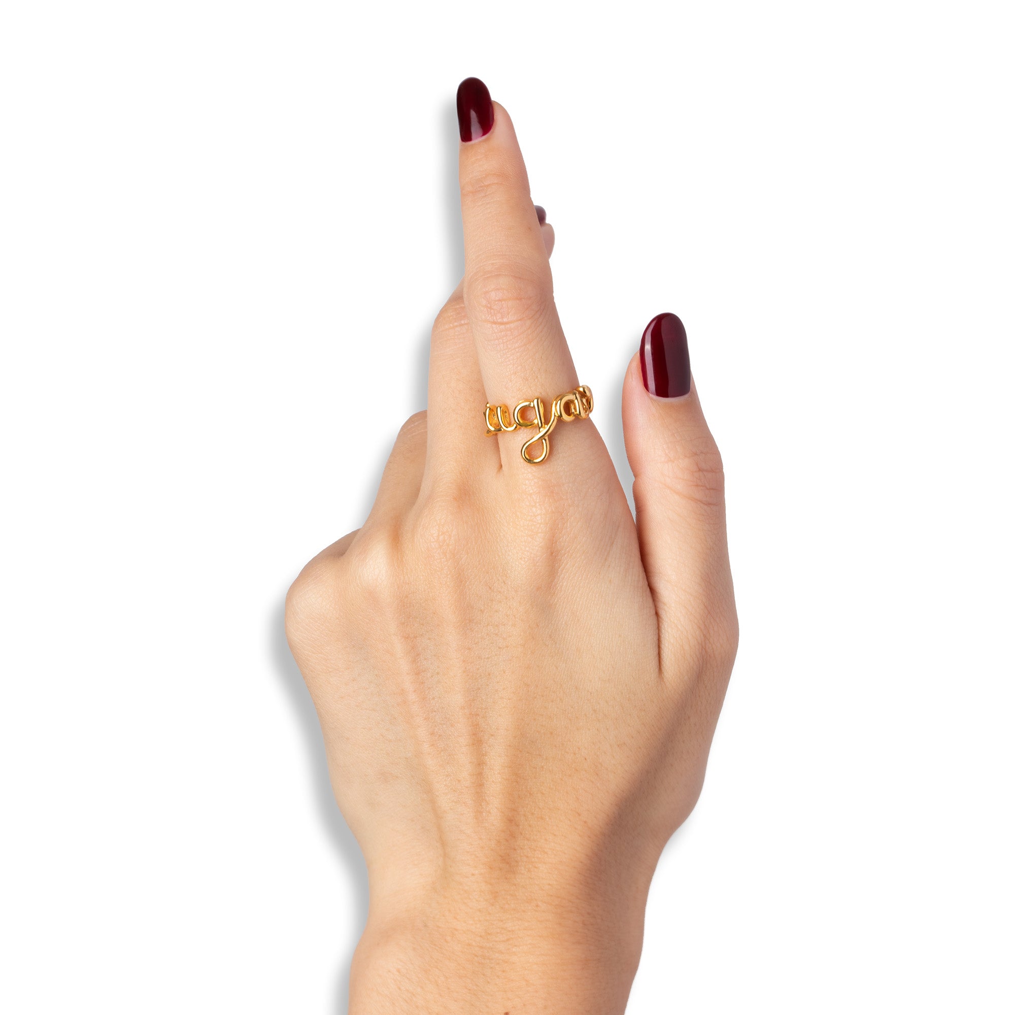 Sugar Hotscripts word wire ring by Hotlips by Solange in gold plated silver on model