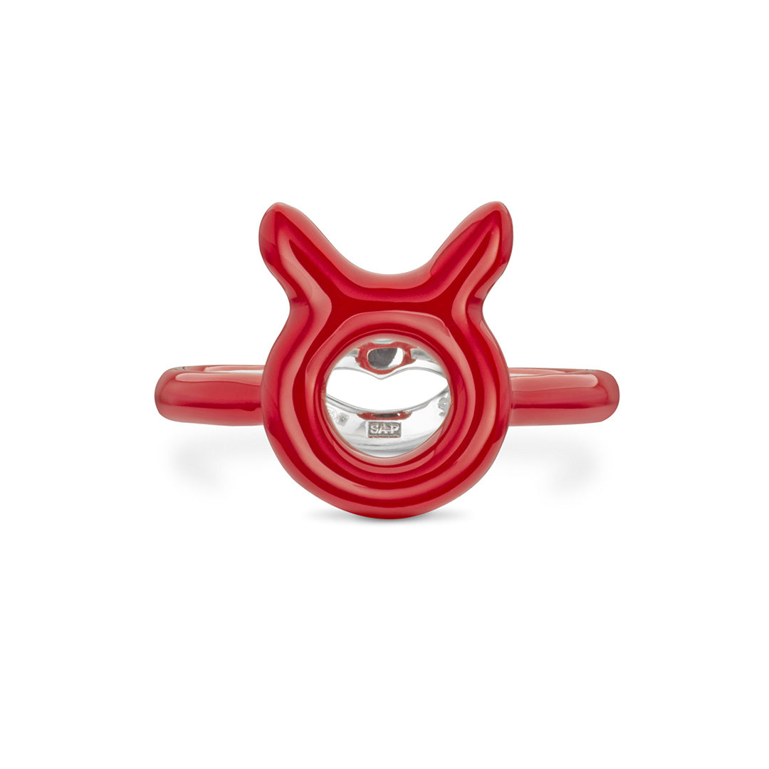 Taurus Zodiac Hotglyph Ring Classic Red enamel and silver by Solange Azagury-Partridge front view