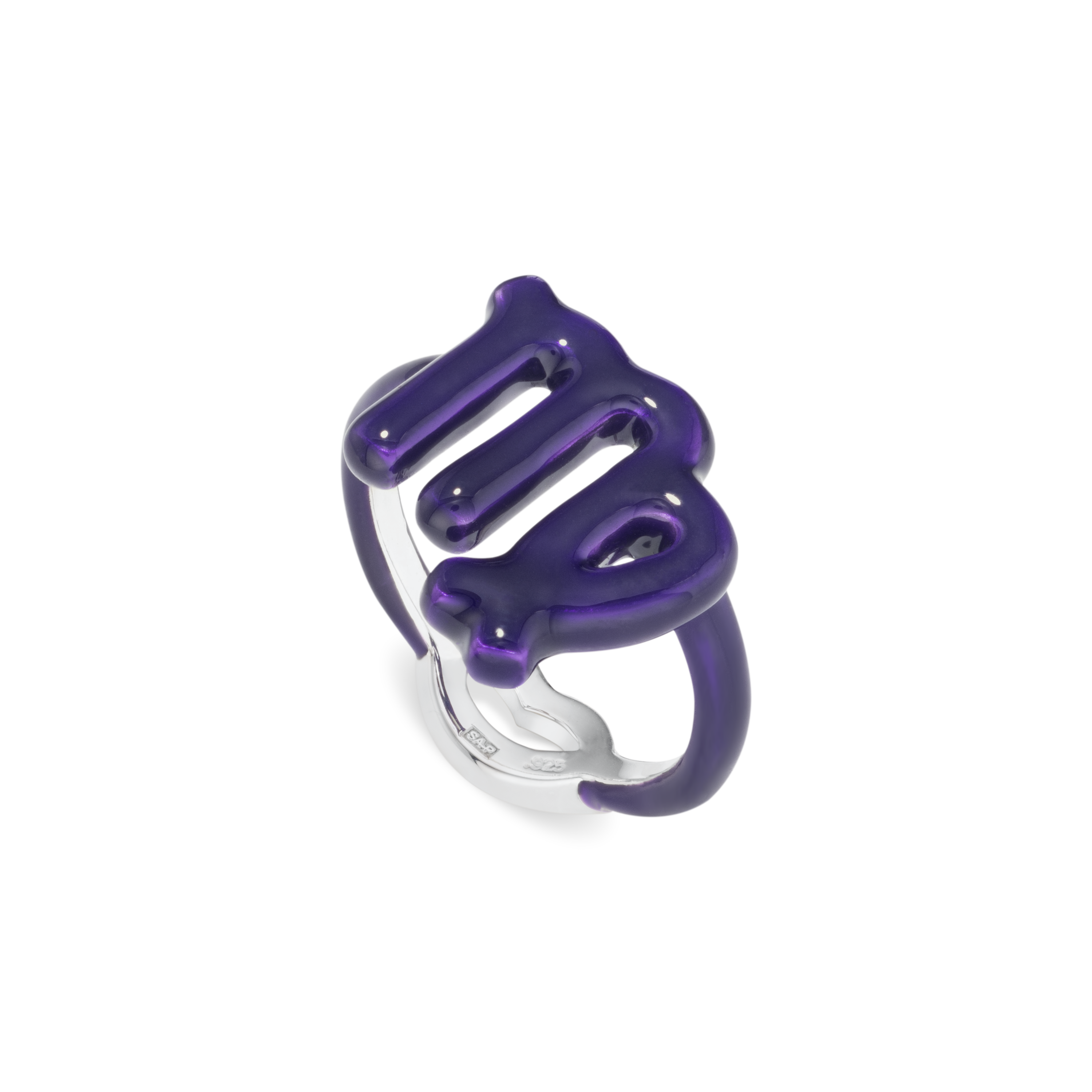 Virgo Zodiac Hotglyph Ring purple enamel and silver angled view