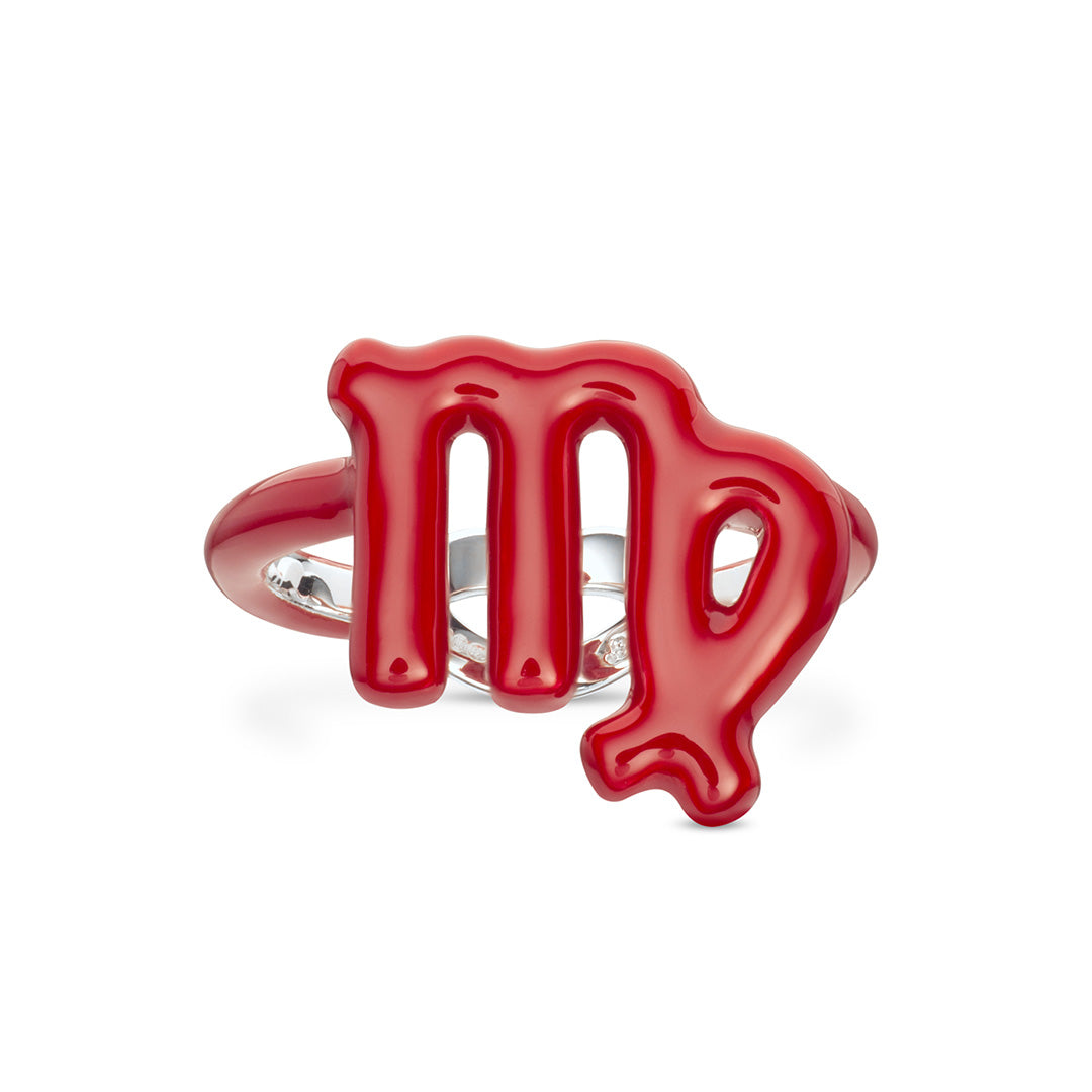 Virgo Zodiac Hotglyph Ring Classic Red enamel and silver by Solange Azagury-Partridge front view