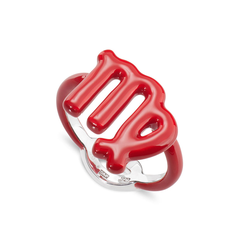 Virgo Zodiac Hotglyph Ring Classic Red enamel and silver by Solange Azagury-Partridge angled view