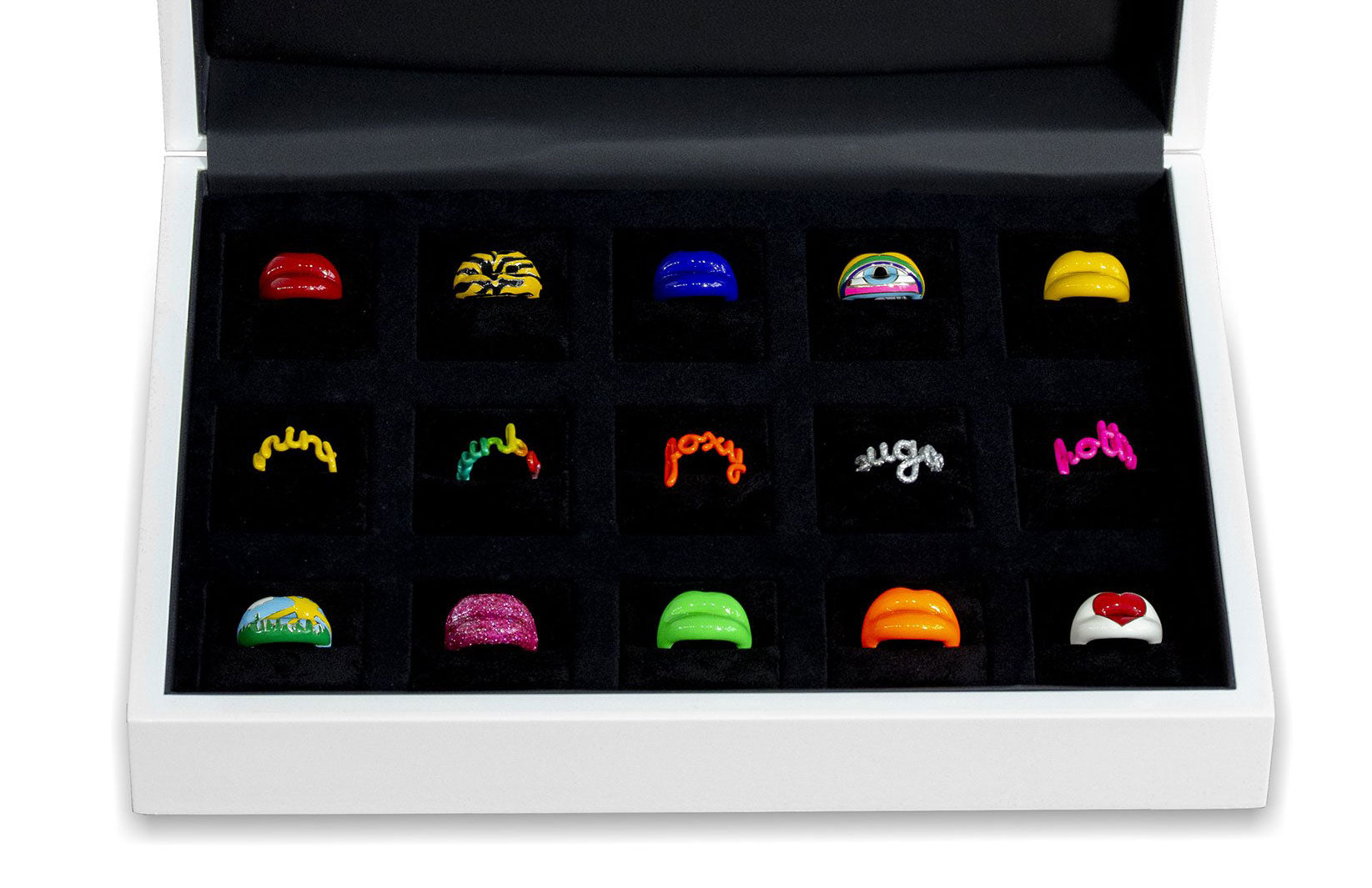 White display box of Hotlips and Hotscripts by Solange rings