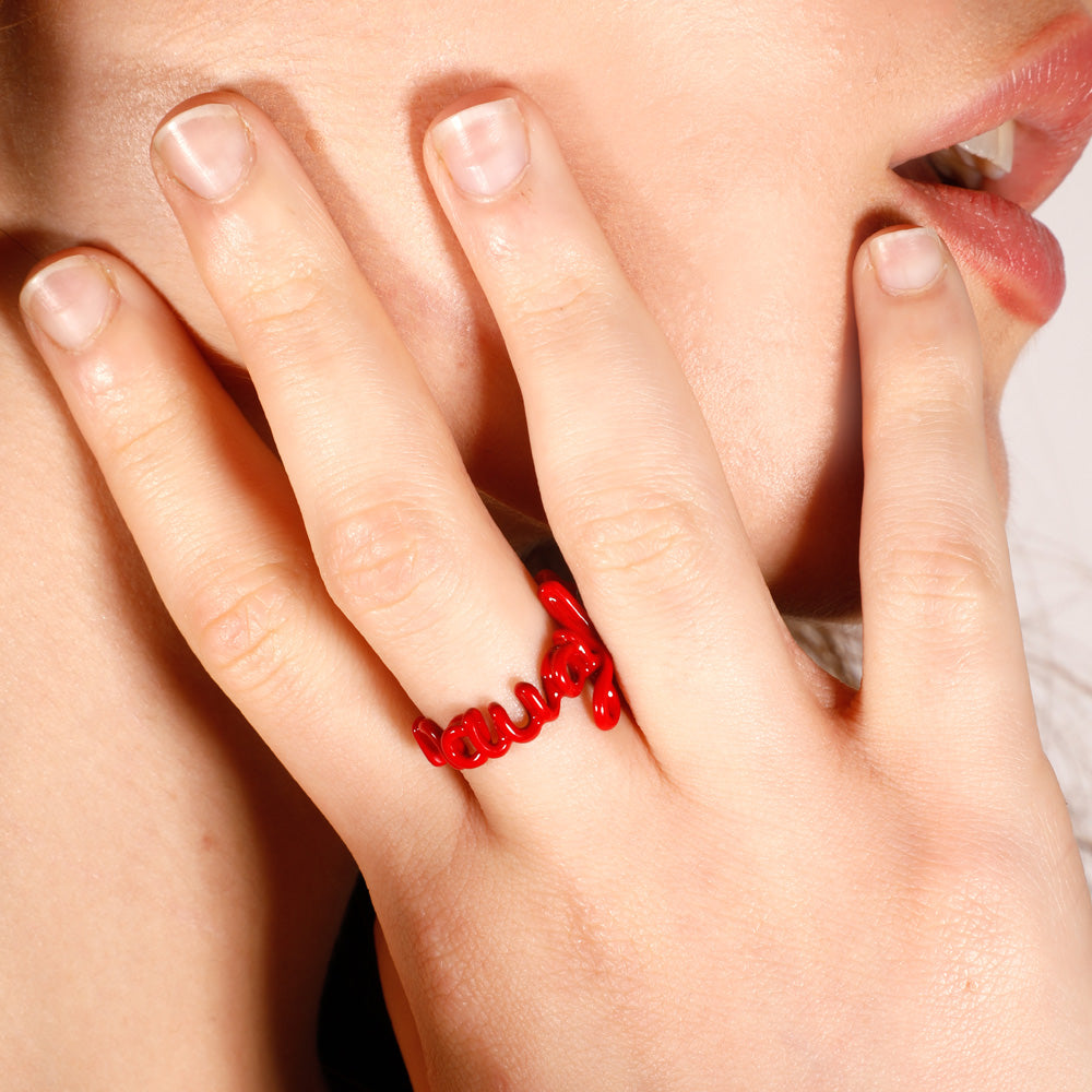 Naughty Hotscript by Solange ring in classic red enamel - on model 2