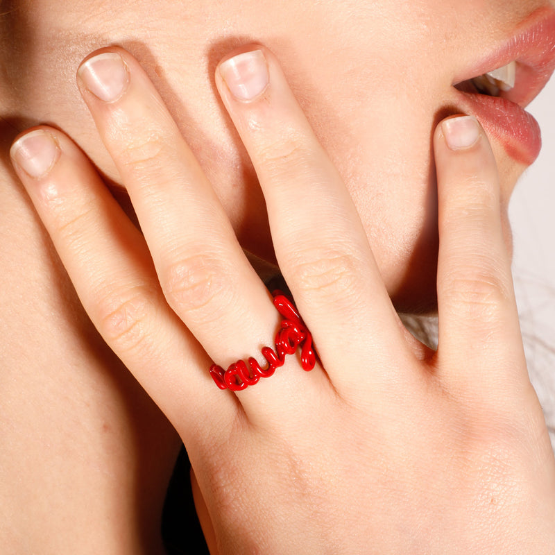 Naughty Hotscript by Solange ring in classic red enamel - on model 2