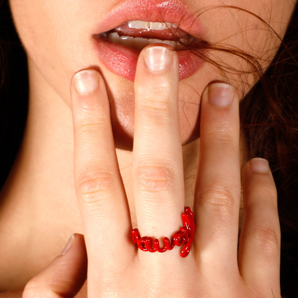 Naughty Hotscript by Solange ring in classic red enamel - on model