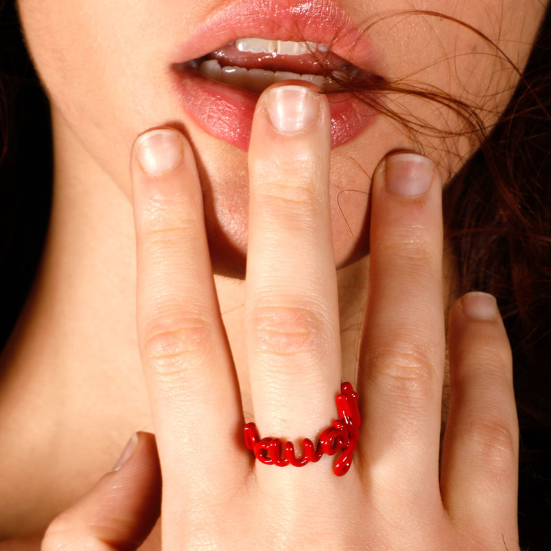 Naughty Hotscript by Solange ring in classic red enamel - on model