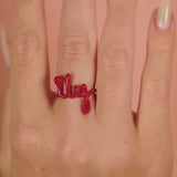I Love You ILY written word ring in script made from red enamel on sterling silver by Hotlips by Solange on turning hand video