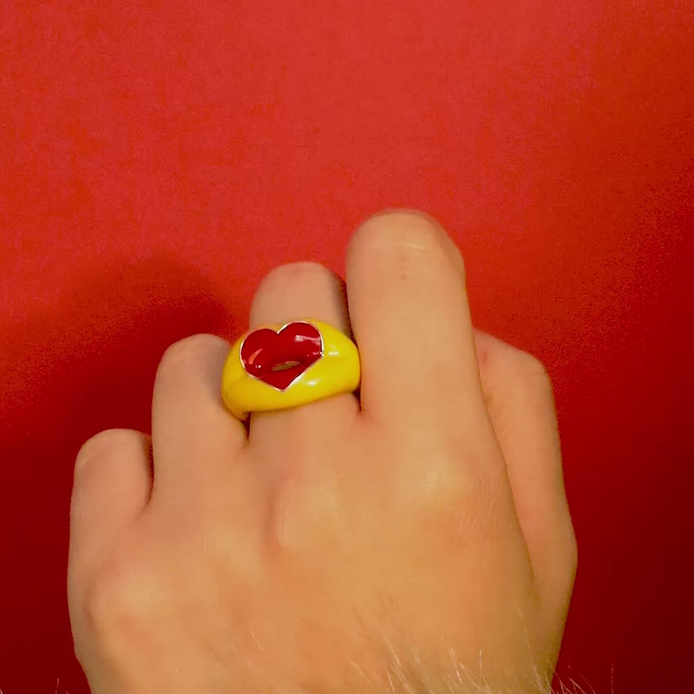 Banana Yellow and Classic Red Love Heart Shaped Hotlips Lip Ring video on hand by Solange Azagury-Partridge