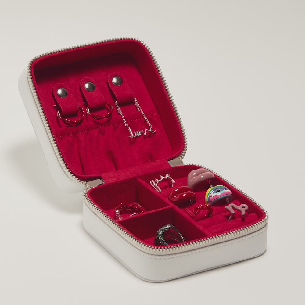 Hotlips by Solange Vegan White LEather Jewellery Travel Box With Zips Red Interior styled gif