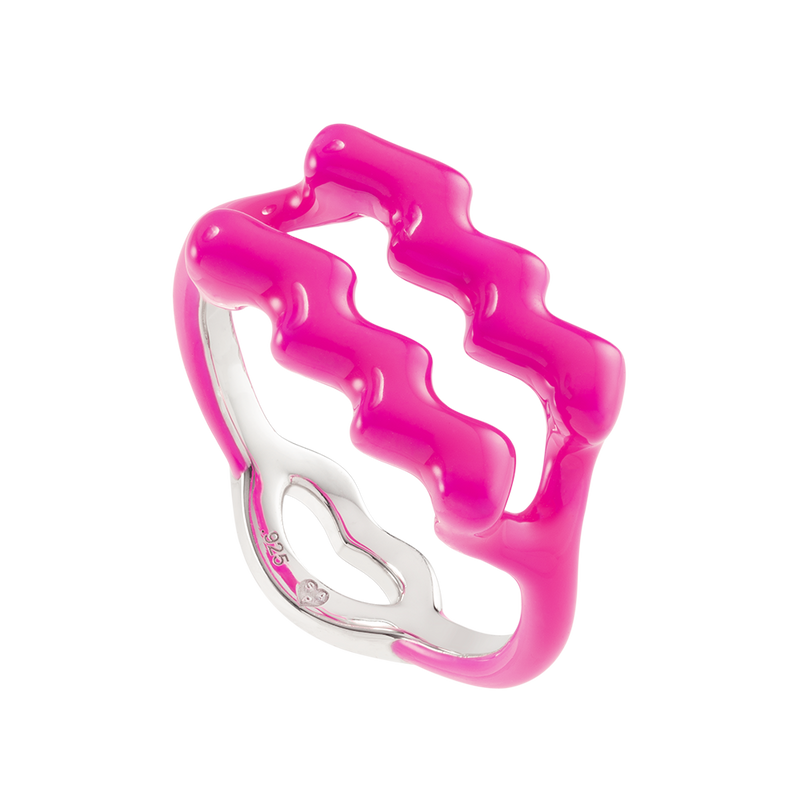Aquarius Silver and Neon Pink Enamel Hotglyph Zodiac ring by Hotlips by Solange Angled View