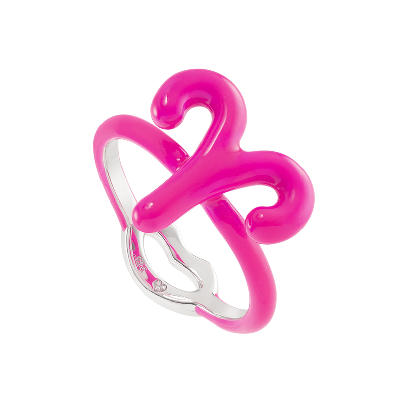 Aries Neon Pink Silver & Enamel Hotglyphs Zodiac Ring Hotlips by Solange Angled View