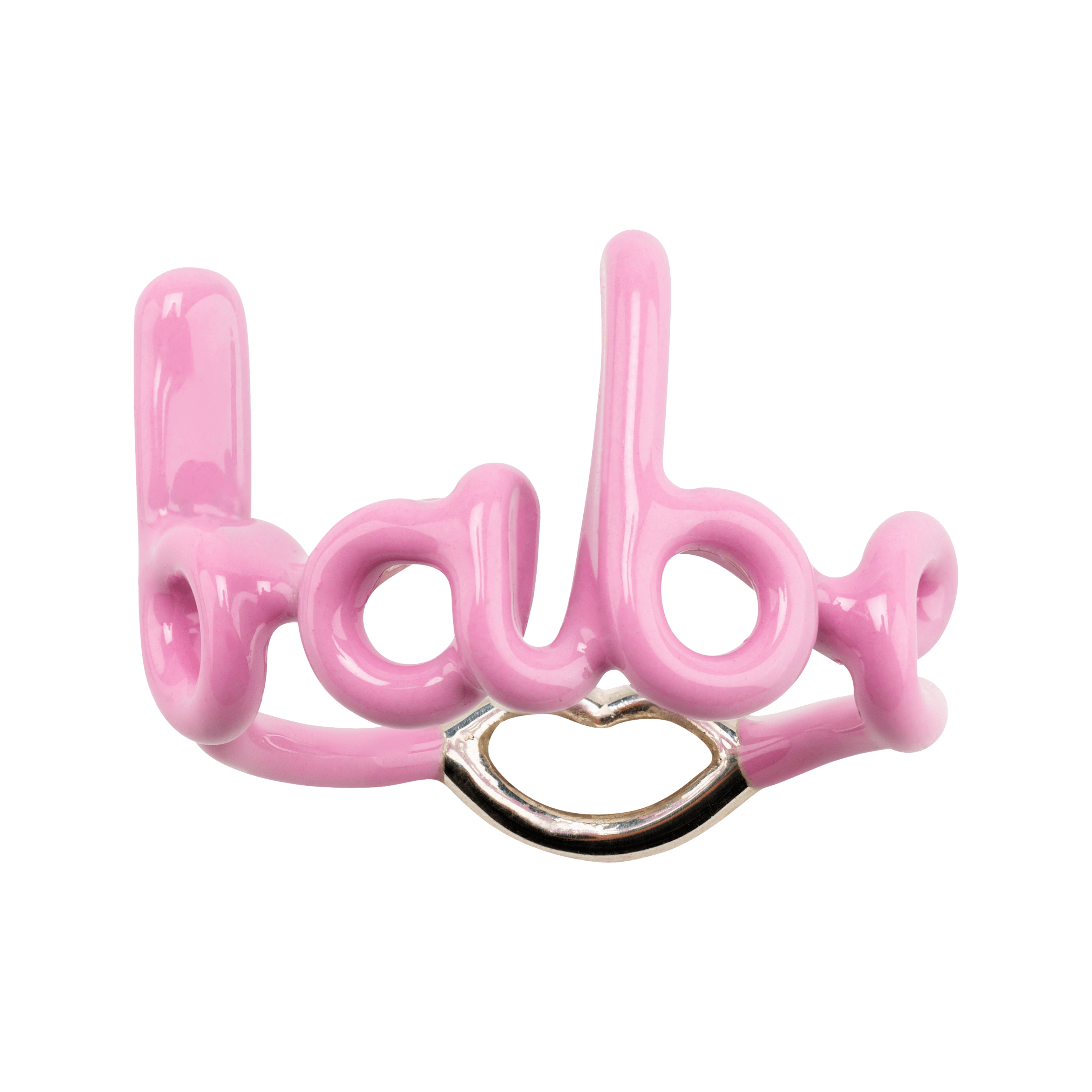 Babe Hotscripts silver and pink enamel ring front view