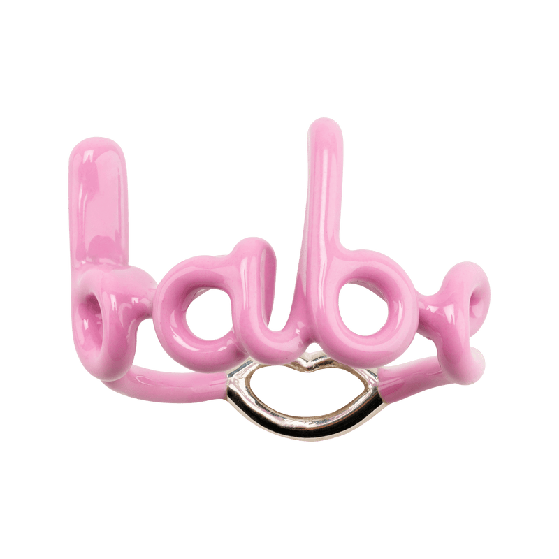 Babe Hotscripts silver and pink enamel ring front view