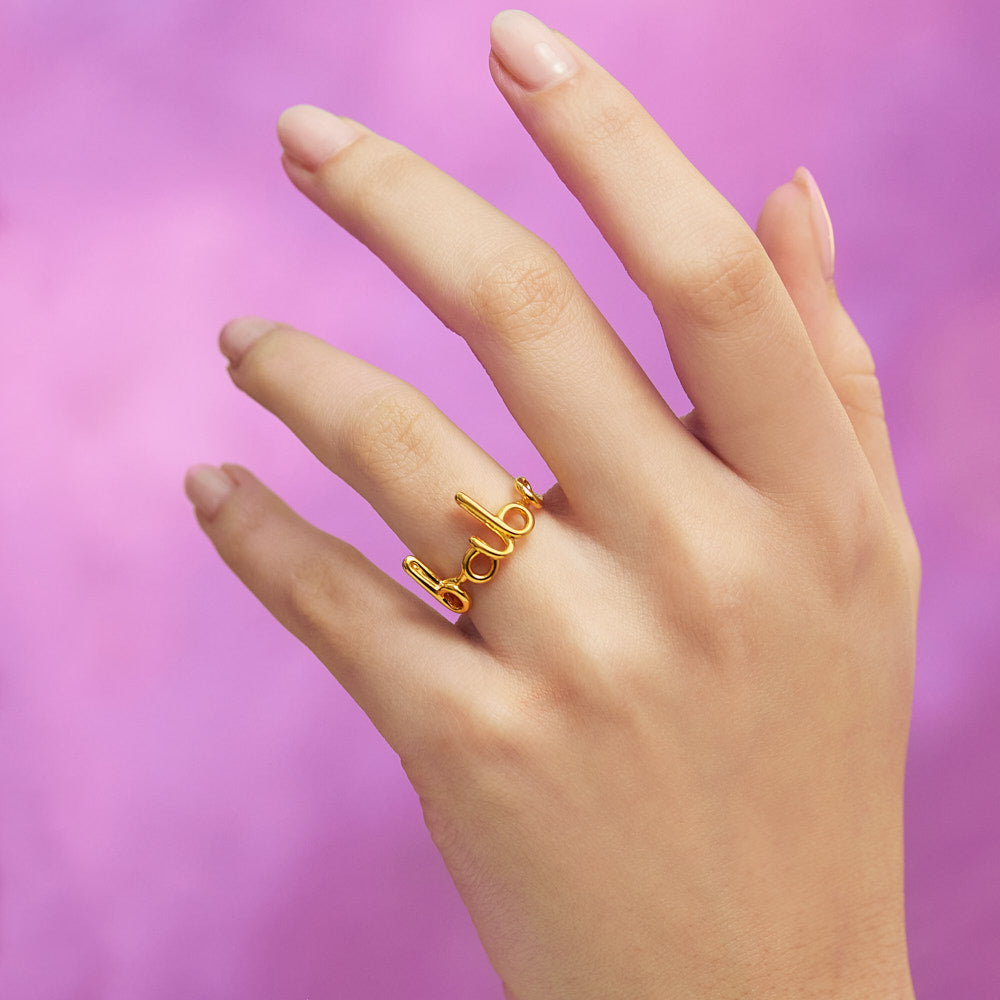 Babe Cursive Word Hotscripts Ring in Gold Plated Silver Vermeil by Hotlips by Solange On Models Hand