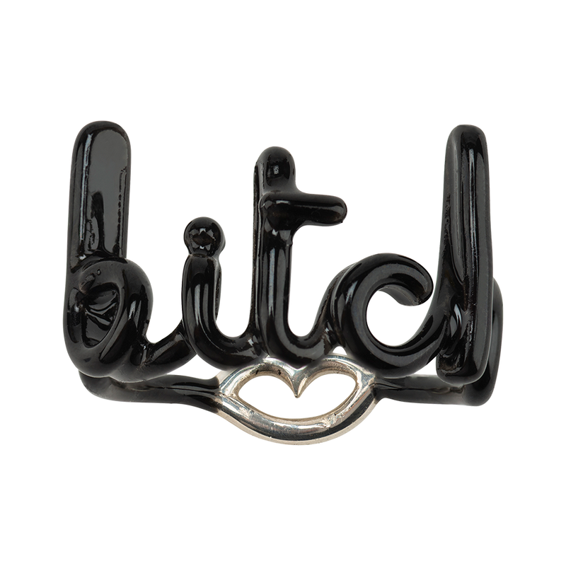 Bitch silver and enamel Hotscripts ring front view