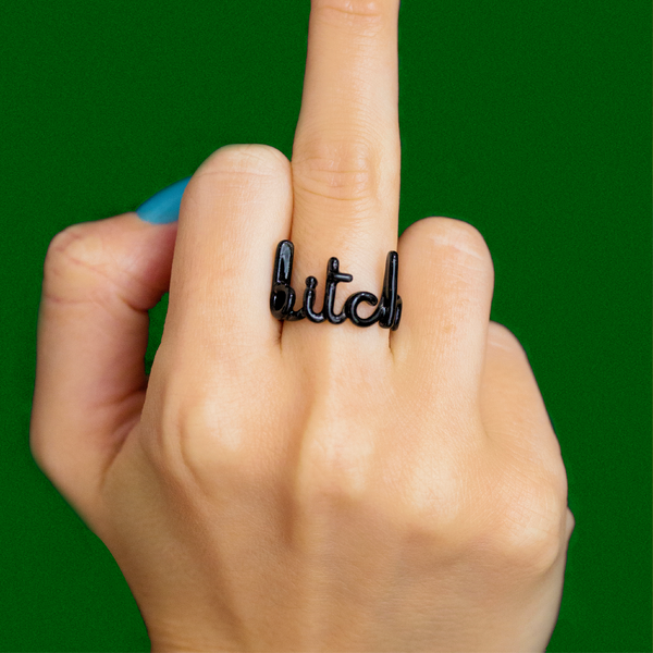 Bitch silver and enamel Hotscripts ring on hand flip off