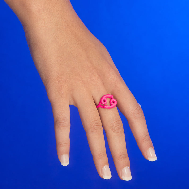 Cancer Hotglyph Silver and Enamel Ring Neon Pink by Hotlips by Solange Model Hand View
